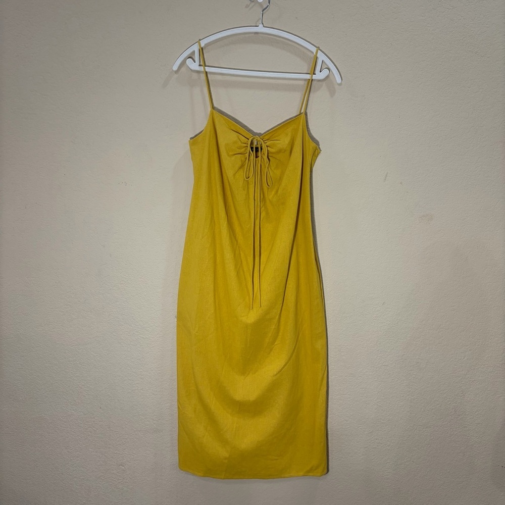 Deluc Womens Linen Mustard Side Slit Spagetti Strap Bodycon midi dress Sz S Boho